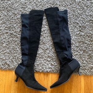 STUART WEITZMAN Over The Knee Black Suede Stretch 50/50 Boots Kitten Heel Size 9